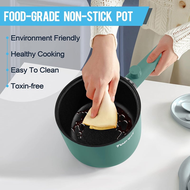 TopWit Hot Pot Electric with Steamer, 1.5L Ramen Cooker, Non-Stick Sauté Pan, Portable Cooking Pot, Electric Cooker with Dual Power Control, BPA Free, Over-Heating & Boil Dry Protection, Green - Image 5